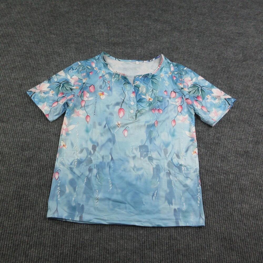 Floral Blouse Womens M Blue Short Sleeve Polyester Jersey Button Henley